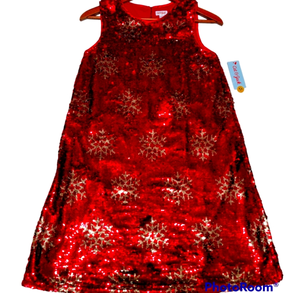 Cat & Jack Bright Red Flip Sequences Christmas Snowflakes XL 14-16 Dress